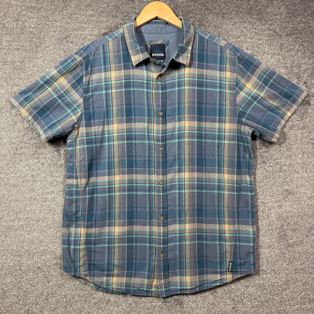 Prana Shirt Mens L Blue Plaid Organic Cotton Short Sleeve Button Down Shirt